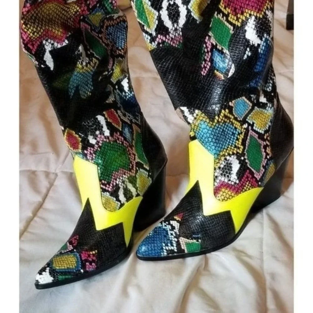 Snakeskin Print Cowboy Boots Western Neon‎ Yellow Accents Trendy Colorful